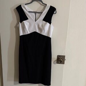 Calvin Klein Black and White V-Neck Midi Dress